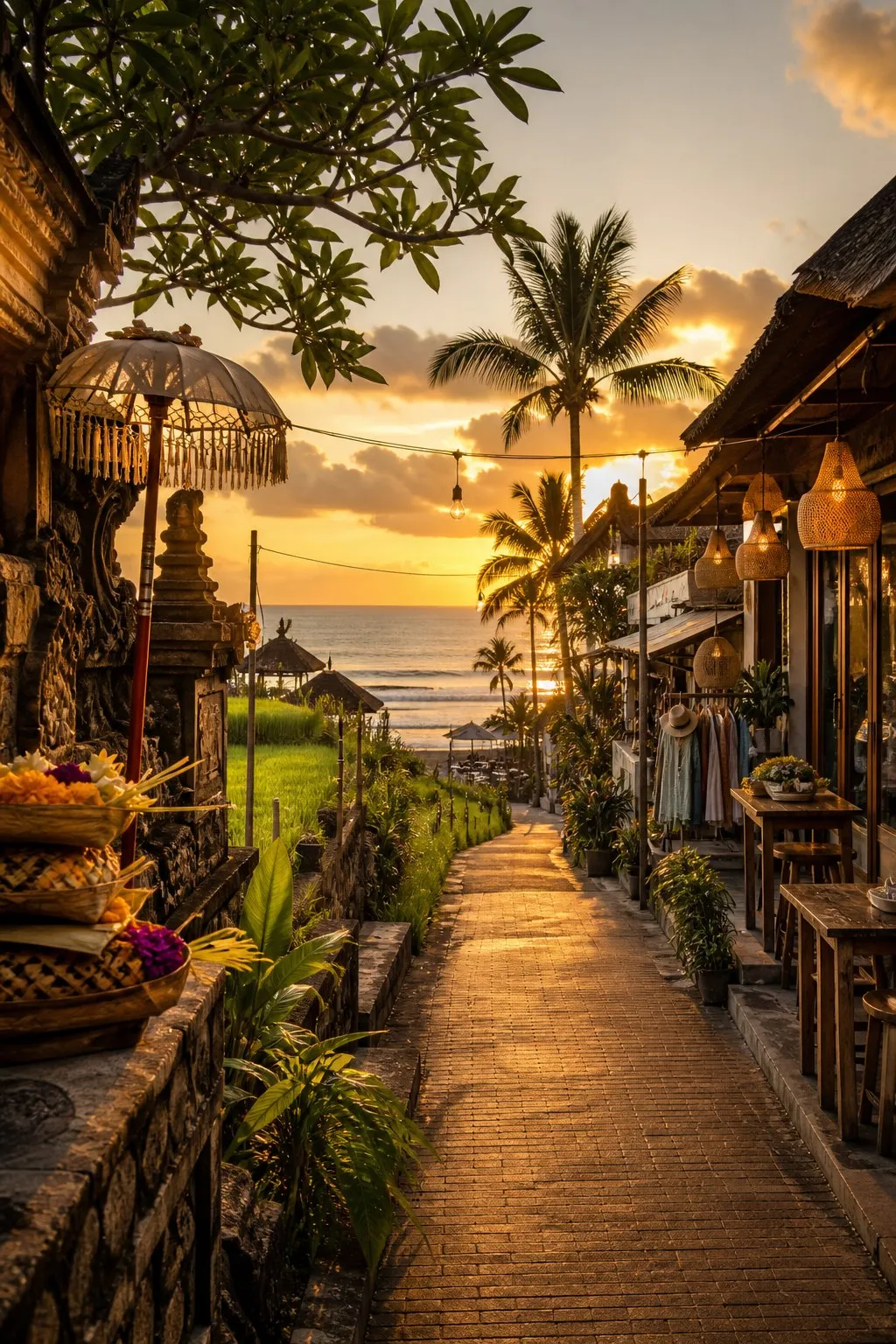 Calle costera de Canggu al atardecer con vista al mar