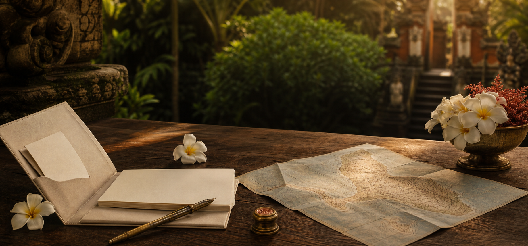 Papelería de boda, flores tropicales y un mapa sobre una mesa en un jardín balinés